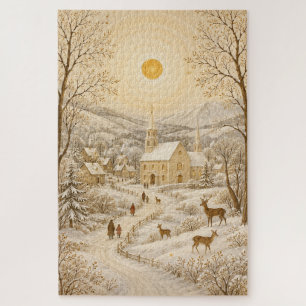 Puzzle Paisaje de la Iglesia del Pueblo de Invierno Dorad