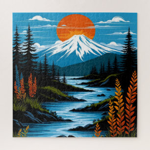 Puzzle Paisaje de montaña Retro Ilustracion Azul Rojo