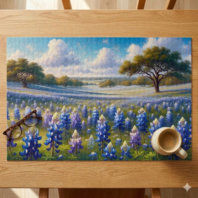 Puzzle Paisaje de pradera de Lupino Azul de Texas (Texas Bluebonnet Meadow Landscape Jigsaw Puzzle On Table)