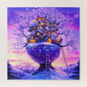 Puzzle Paisaje de pueblo de árboles nevados de fantasía i