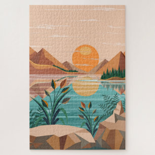 Puzzle Paisaje de puesta de sol en lago de montaña pacífi