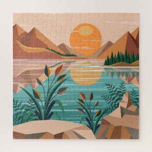 Puzzle Paisaje de puesta de sol en un lago de montaña tra