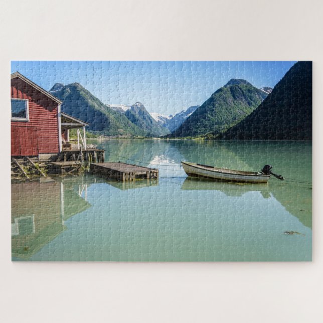 Puzzle Paisaje del fiordo con el barco en Noruega (Horizontal)
