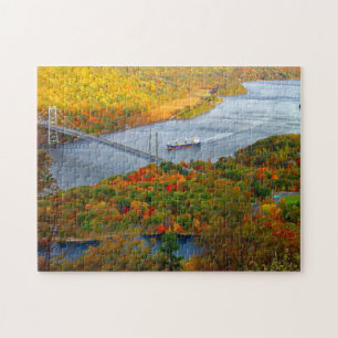 Puzzle Paisaje del puente fluvial de otoño
