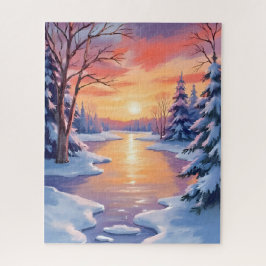 Puzzle Paisaje del río invernal en el atardecer Nieve Acu