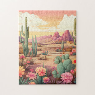 Puzzle paisaje desértico con cactus y flores