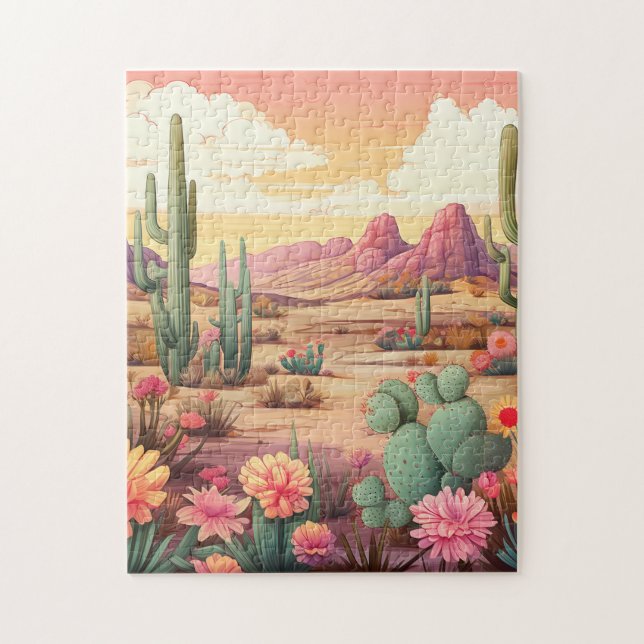 Puzzle paisaje desértico con cactus y flores (Vertical)