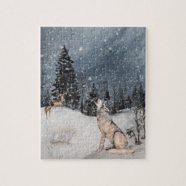 Puzzle Paisaje invernal acuarela Wolf Deer (Vertical)