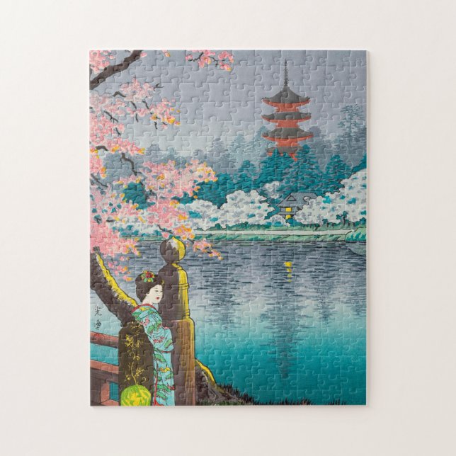 Puzzle Paisaje japonés de Geisha y Cherry Tree Ueno Park (Vertical)