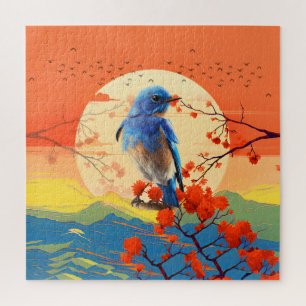 Puzzle Paisaje Japonés Moderno De Naturaleza Con Pájaros
