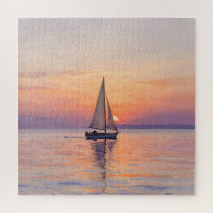 Puzzle Paisaje marino al atardecer en acuarela con barco 