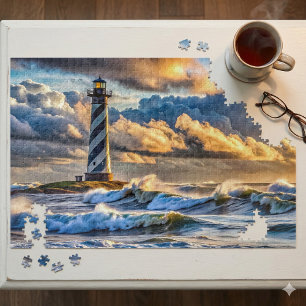 Puzzle Paisaje marino de faro dramático con olas tormento