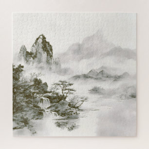 Puzzle Paisaje minimalista de montaña zen con tinta brumo