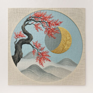 Puzzle Paisaje minimalista japonés de flor de cerezo y lu