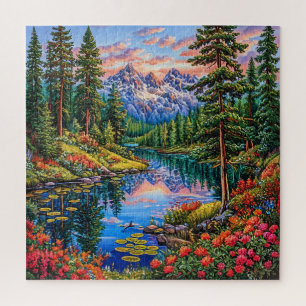 Puzzle Paisaje montañoso vibrante con reflejo