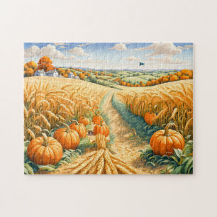 Puzzle Paisaje montuoso con campo de trigo y calabazas