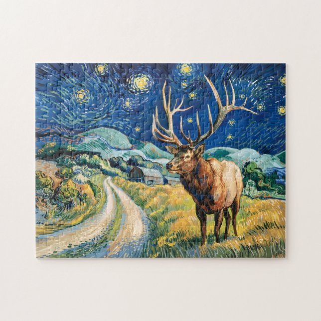 Puzzle Paisaje Nocturno Estrellado de Van Gogh con Alces  (Horizontal)