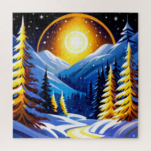 Puzzle Paisaje nocturno invernal con montañas nevadas