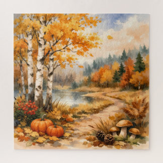 Puzzle Paisaje otoñal en acuarela con calabazas, bayas