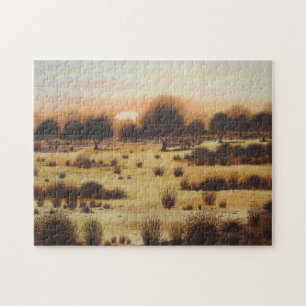 Puzzle paisaje panorámico puesta de sol sobre el bosque