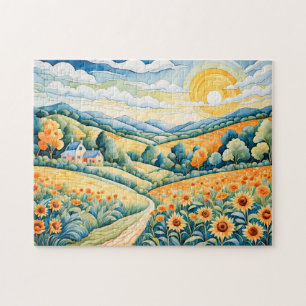 Puzzle Paisaje Pastel con Campos de Girasoles y Camino