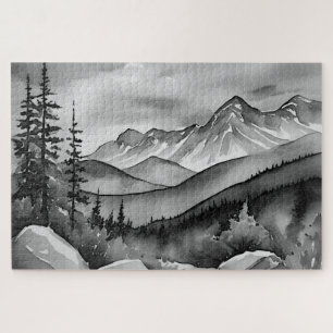 Puzzle Paisaje pintado en blanco y negro de las montañas