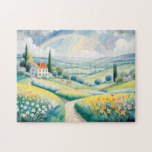Puzzle Paisaje primaveral con arcoíris sobre colinas ital