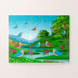 Puzzle Paisaje Río Árboles Aves Flores Naturales, Edad 4