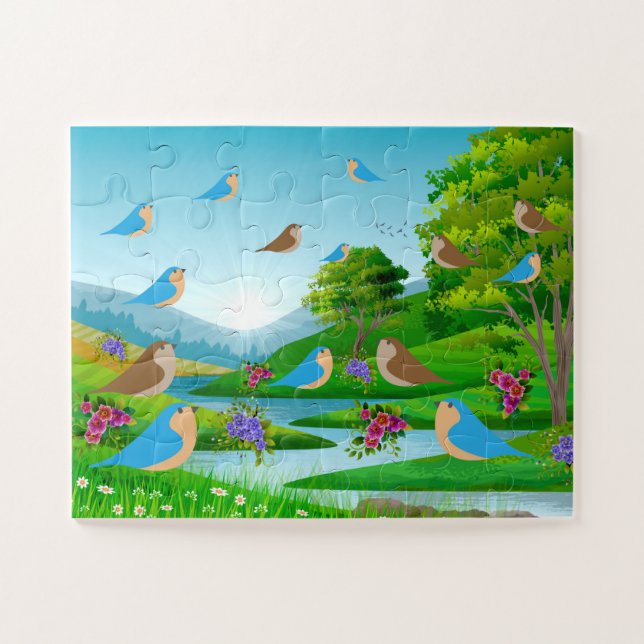 Puzzle Paisaje Río Árboles Aves Flores Naturales, Edad 4 (Horizontal)