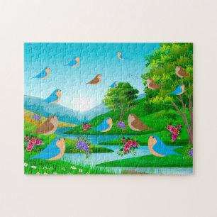 Puzzle Paisaje Río Árboles Aves Flores Naturales, Edad 8