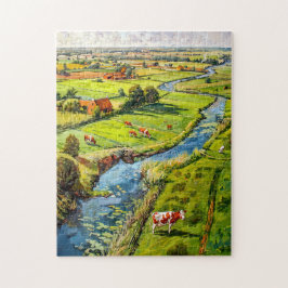 Puzzle Paisaje rural con vacas y arroyo Pintura de fantas