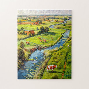 Puzzle Paisaje rural con vacas y arroyo Pintura de fantas
