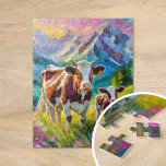 Puzzle Paisaje rural vibrante con vacas<br><div class="desc">Un reconfortante cuadro impresionista moderno de una vaca madre y su becerro en un sereno pasto rural de montaña, traído a la vida con colores brillantes y vibrantes y gruesas pinceladas abstractas. Los dinámicos trazos capturan el vínculo tranquilo entre los animales, mientras que los ricos tonos verdes, azules y tierra...</div>