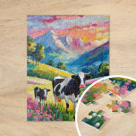 Puzzle Paisaje rural vibrante con vacas<br><div class="desc">Un reconfortante cuadro impresionista moderno de una vaca madre y su becerro en un sereno pasto rural de montaña, traído a la vida con colores brillantes y vibrantes y gruesas pinceladas abstractas. Los dinámicos trazos capturan el vínculo tranquilo entre los animales, mientras que los ricos tonos verdes, azules y tierra...</div>