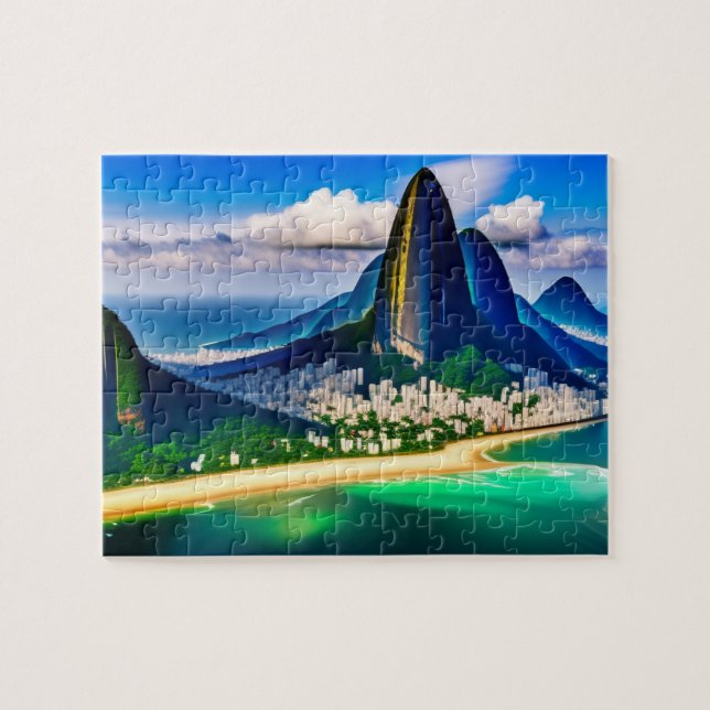 Puzzle Paisaje tropical de la ciudad con montañas y playa (Horizontal)