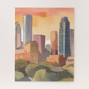 Puzzle Paisaje urbano al atardecer Acuarela de silueta