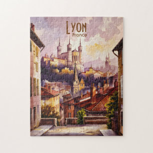 Puzzle Paisaje urbano de acuarela vintage de viaje a Lyon