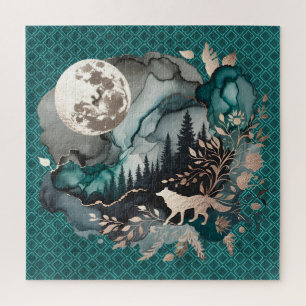 Puzzle Paisaje Wolf y oro Verde azulado Moon