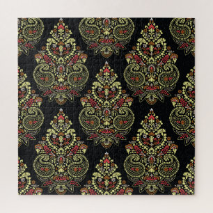 Puzzle Paisley indio, fondo geométrico negro