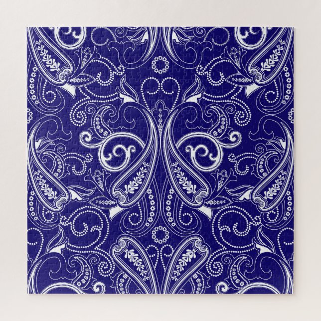 Puzzle Paisley monocromo: azul, elegancia blanca. (Vertical)
