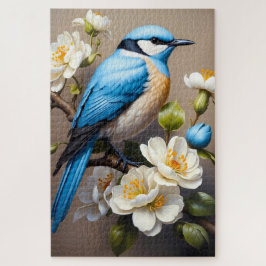 Puzzle Pájaro Azul con Flores Blancas Botánico