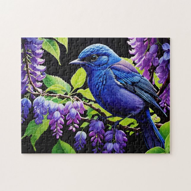 Puzzle Pájaro azul en la glicinia (Horizontal)