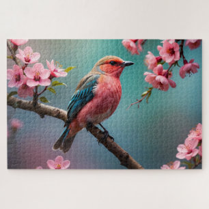 Puzzle Pájaro Azul Rosa con Flor de Cerezo
