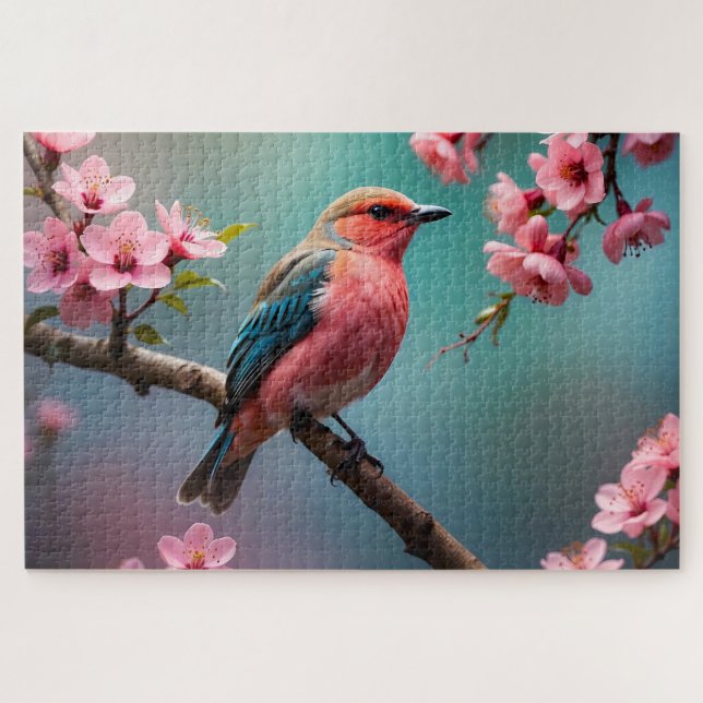 Puzzle Pájaro Azul Rosa con Flor de Cerezo (Horizontal)
