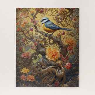 Puzzle Pájaro azul y amarillo sobre vides doradas florale