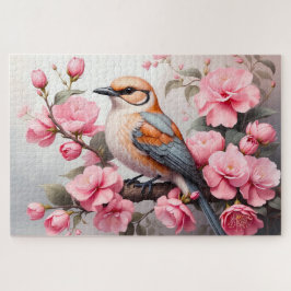 Puzzle Pájaro beige naranja con flores rosadas