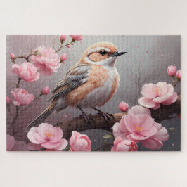 Puzzle Pájaro beige suave con flores rosadas