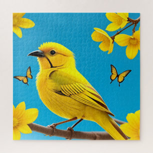 Puzzle Pájaro Cantador Amarillo Brillante Posado en una R