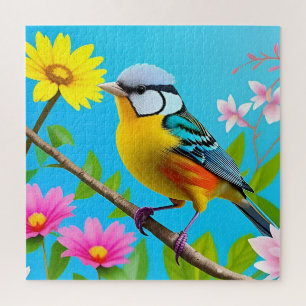 Puzzle Pájaro Cantador Vibrante Posado en una Rama Florid