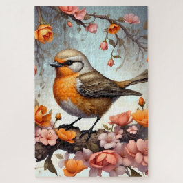 Puzzle Pájaro Cantante Naranja con Rama Floral